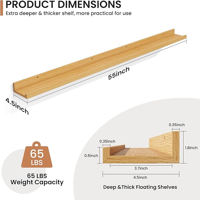 Fun Memories Picture Ledge Shelves Set of 2, 55 Inch Rustic Wall Mounted Floating Shelves with Lip for Home Storage and Décor in Bathroom, Kitchen, Nursery, Bedroom, Living Room, Oak-Ruum Studio Home