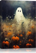 Halloween Canvas Wall Art, Spooky Ghost in Pumpkin Patch Poster, Vintage Gothic Fall Decor, Dark Academia Fall Decor for Living Room, Framed Indoor Halloween Decorations-Ruum Studio Home