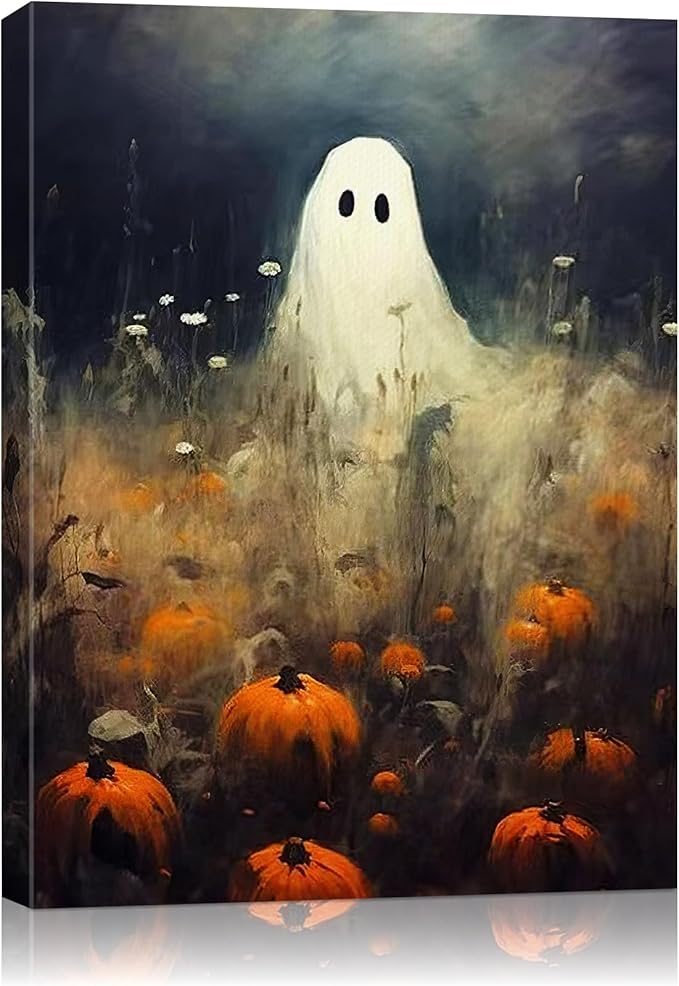 Halloween Canvas Wall Art, Spooky Ghost in Pumpkin Patch Poster, Vintage Gothic Fall Decor, Dark Academia Fall Decor for Living Room, Framed Indoor Halloween Decorations-Ruum Studio Home