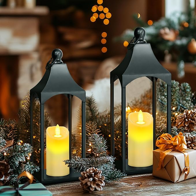 Eufrozy Lanterns Decorative Outdoor Indoor Set of 2 Black Metal Candle Lanterns with Flameless Candle, Modern Farmhouse Lantern Decor for Porch Patio Fireplace Mantle Kitchen Table Christmas Gifts-Ruum Studio Home