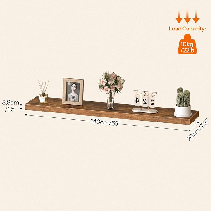 HOOBRO Floating Shelves for Wall, Wall Mounted Shelf Set of 2, 55" Hanging Shelf with Invisible Brackets, for Wall in Bathroom, Bedroom, Toilet, Kitchen, Living Room, Office, Rustic Brown BF140BJP201-Ruum Studio Home