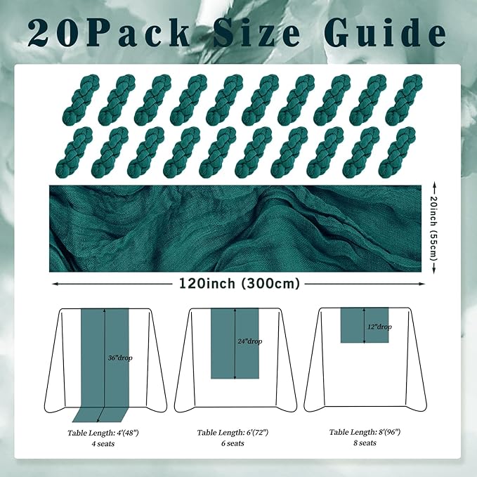 20 Pack Teal 10FT Cheesecloth Table Runner Rustic Gauze Cheese Cloth Table Runner for Wedding Bridal Baby Shower Table Decorations Boho Fabric Sheer Birthday Party Table Decor 20 x 120 Inch Long-Ruum Studio Home