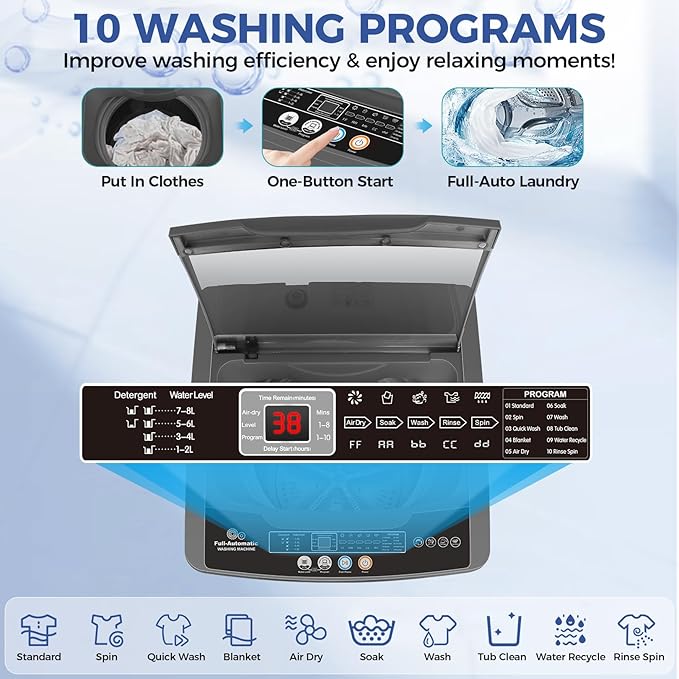 Nictemaw Portable Washing Machine, 20Lbs Capacity Full-Automatic Portable Washer Machine, 2.8Cu.ft Washer and Dryer Combo with with Drain Pump, 10 Programs 8 Water Levels for Apartment, Dorms, RV-Ruum Studio Home