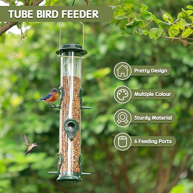MIXXIDEA 2PK Metal Wild Bird Feeder Bird Feeders for Outdoors Hanging 6 Port Tube Bird Feeder Transparent Finch Feeder with Steel Hanger Green-Ruum Studio Home