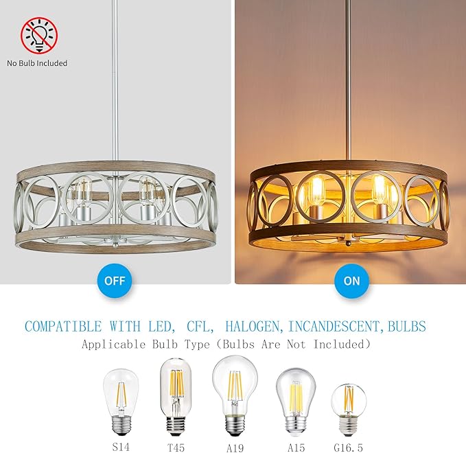 XINGQI 21.7'' Modern Farmhouse Chandelier Drum Pendant Lighting Fixture Hanging Ceiling Lamp for Living Dining Room Over Table, 5 Lights Antique Wood Grain Brushed Nickel with Round Metal-Ruum Studio Home