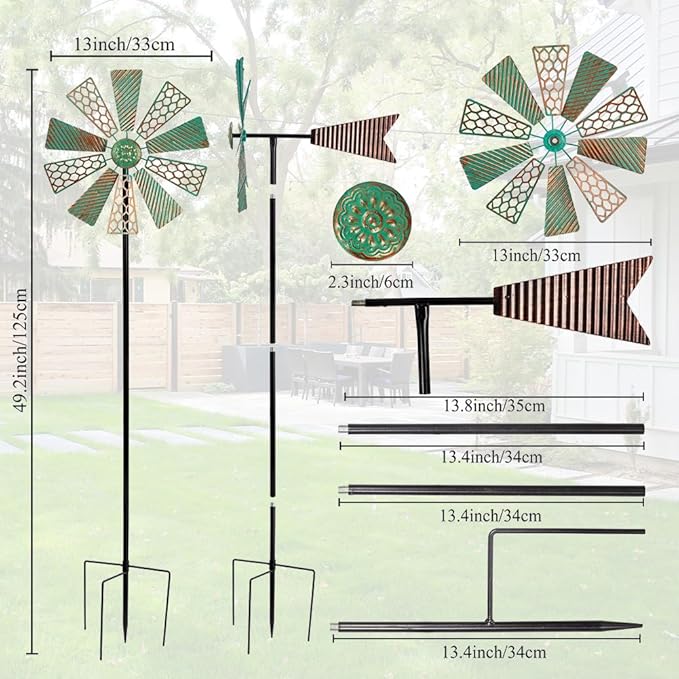 Viveta Wind Spinners Outdoor,13”Kinetic Wind Spinner Metal Vintage Windmill for Outdoor Garden Patio Yard Decor,Green-Ruum Studio Home