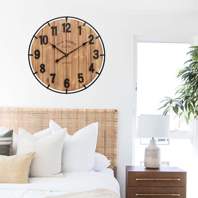 Large Old Town Farmhouse Wall Clock 24 Inch Rustic Antique Wood with Metal Circle and Large Numerals Silent Battery Operated Wall Clock for Office Kitchen Bedroom Living Room-Ruum Studio Home