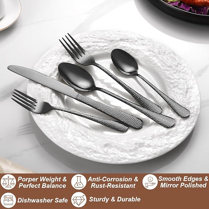 20 Pcs Black Silverware Set for 4 with Hammered Design, Food Grade Stainless Steel Flatware Set, Eating Utensils Sets Include Fork/Knife/Spoon, Cutlery Set, Dishwasher Safe-Ruum Studio Home