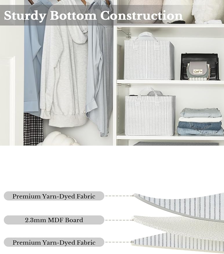 StorageWorks Storage Bins, Fabric Storage Bins for Shelves, Storage Baskets with Metal Frame, Closet Baskets and Bins with Handles, Gray and White Stripes, 2-Pack-Ruum Studio Home