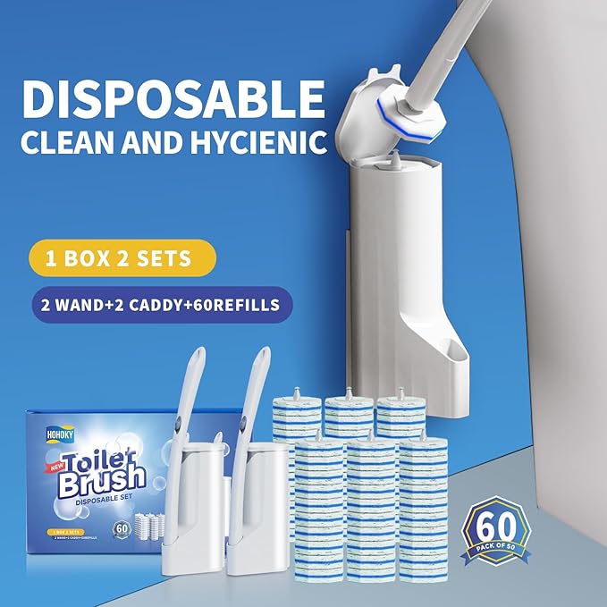 Disposable Toilet Brush Cleaning System, Two Sets of Wands and 60p Refills Pads Replacement Heads, Wall Mounted Toliet Stick Wand Starter Kit Bathroom Maintenance, Toilet Bowl Cleaner Holder-Ruum Studio Home
