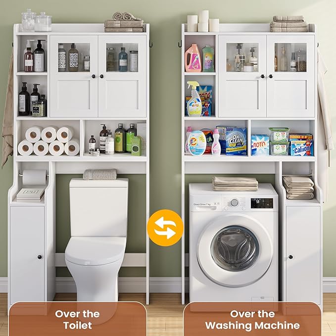 Itaar Over The Toilet Storage Cabinet, Over Toilet Bathroom Organizer with Glass Doors & Toilet Paper Holder Stand, Home Space-Saving Toilet Rack, for Bathroom, Restroom, Laundry(White)-Ruum Studio Home