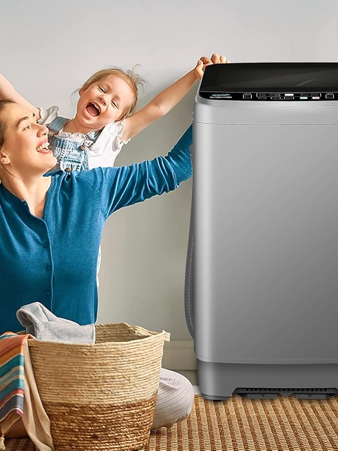 25 lbs Full Automatic Washing Machine with LED Display Compact Washing Machine with Drain Dump, 10 Wash Programs and 8 Water Levels Ideal for Dorms, Apartments, RV, Grey-Ruum Studio Home