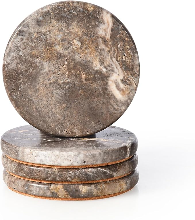 Marble Coasters Set of 4, Natural Gray Stone 4 Inch/10 cm, Modern Round Travertine Drink Coasters for Home Decor, Coffee Table, Office-Ruum Studio Home