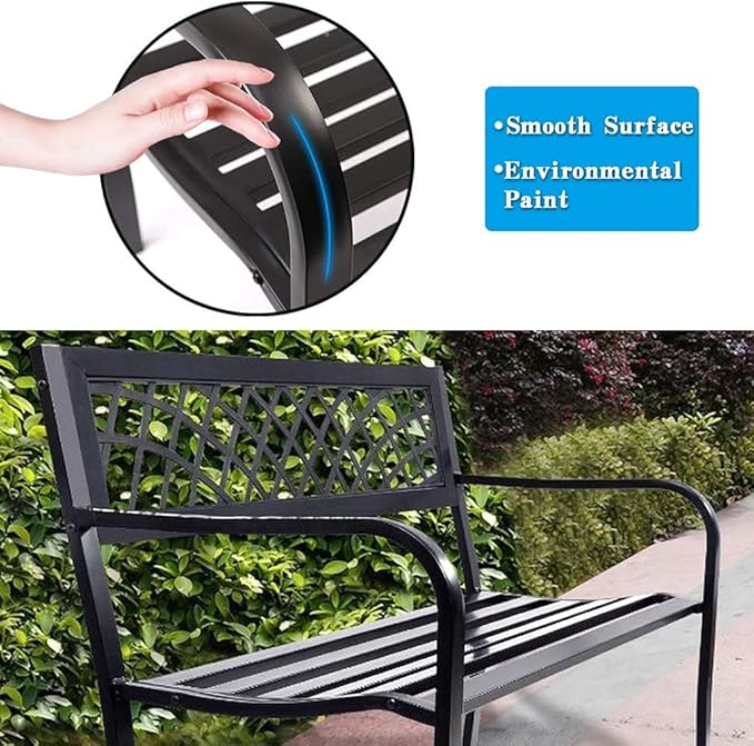 Garden Bench,Outdoor Benches,Iron Steel Frame Patio Bench with Mesh Pattern and Plastic Backrest Armrests for Lawn Yard Porch Work Entryway,Black-Ruum Studio Home