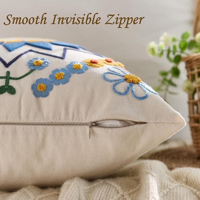 Embroidered Throw Pillow Cover 18x18 Classic Boho Floral Pattern Pillows Cover Outdoor Decorative Pillowcase,Durable Cozy Textured Cushion Case for Sofa Couch Bed Living Room,Blue Orange-Ruum Studio Home
