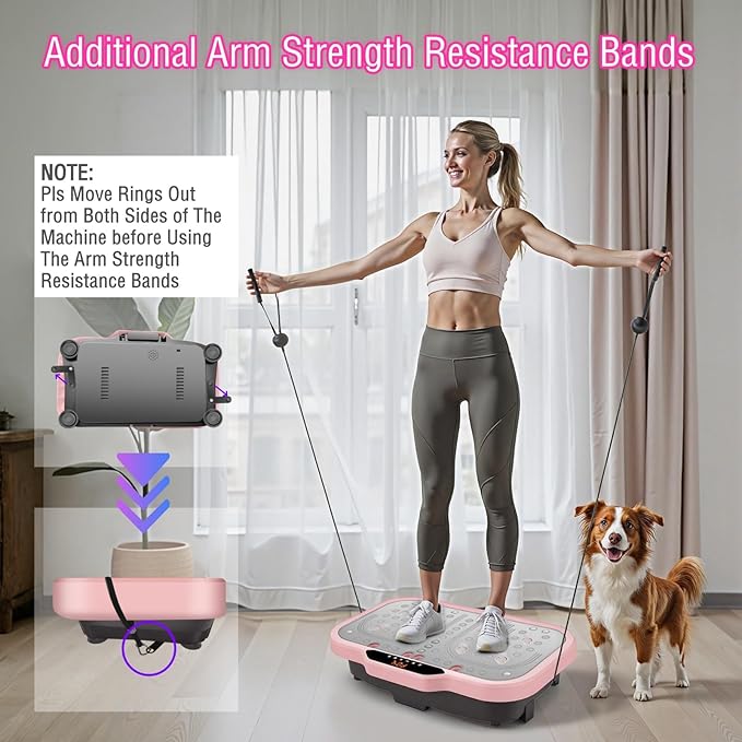 Vibration Plate Exercise Machine, Vibrating Fitness Platform Whole Body Shake Board Workout Equipment Fat Burner Vibrate Stand with Bluetooth Resistance Bands for Women Men Home Sport Gym-Pink-Ruum Studio Home