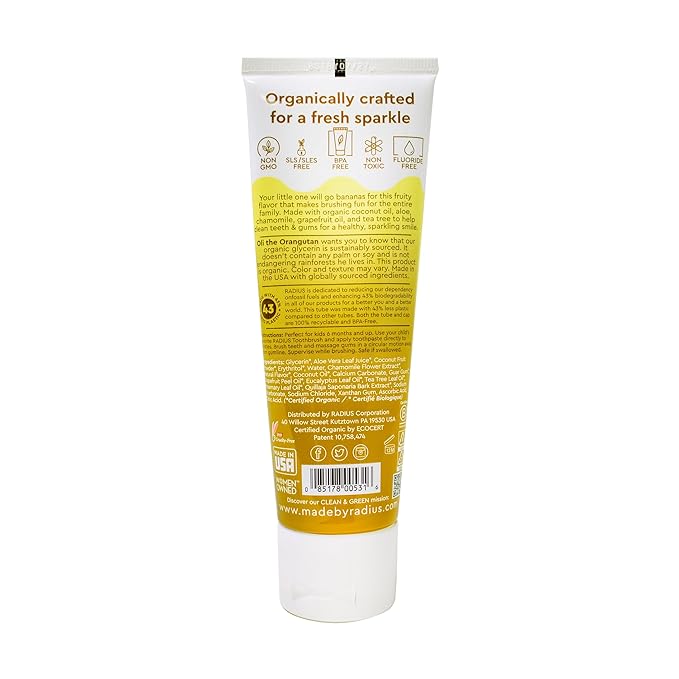 RADIUS Children's Toothpaste, Coconut Banana, 3 oz, Non-Toxic Chemical-Free Gluten-Free, Designed to Improve Gum Health & Prevent Cavities, Pack of 2-Ruum Studio Home
