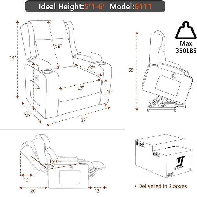 Lift Recliner Chair for Adults with Massage and Heating, Power Lift Recliner Chairs for Elderly, Corduroy Fabric Reclining Chair with USB &Type-C Port, Cup Holders, L6111 (Brown)-Ruum Studio Home