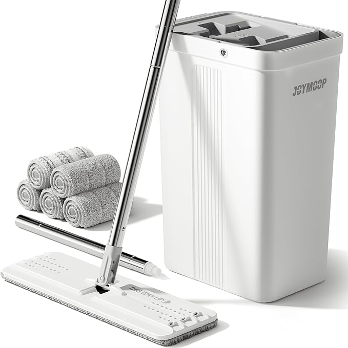 JOYMOOP Mop and Bucket with Wringer Set, White Flat Squeeze Mop Bucket Set for Floor Cleaning, Wet Dry Mops for Walls, Wall Cleaner with Long Handle, Hardwood Floor Mop-5 Microfiber Cloths-Ruum Studio Home