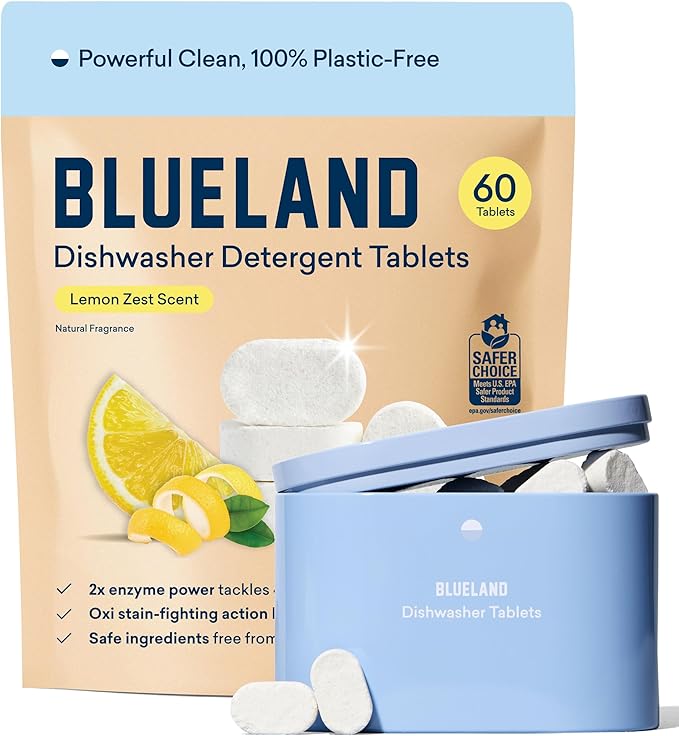 BLUELAND 100% Plastic-Free Dishwasher Detergent Tablets, Starter Set, 60 Count with Tin, Lemon Zest Eco Friendly Dishwashing Pods, Natural, Sustainable-Ruum Studio Home