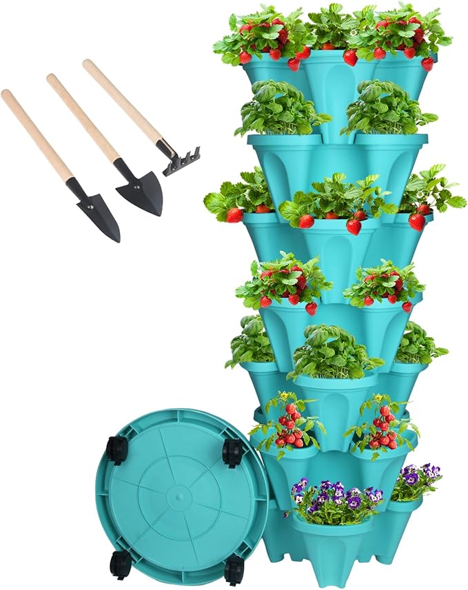 Vertical Planter 7 Tier Stackable Planters Garden Planters Strawberry Herb Flower and Vegetable Planter Indoor Outdoor Gardening Pots with Removable Wheels and Tools-Ruum Studio Home