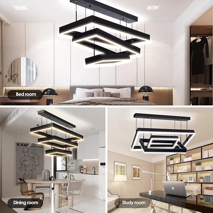 Modern 3 Rings Rectangle Chandelier for Living Room - Adjustable Height Luxury Foyer Lighting Fixture for High Ceiling, Hanging Dining Room LED Pendant Light-Ruum Studio Home