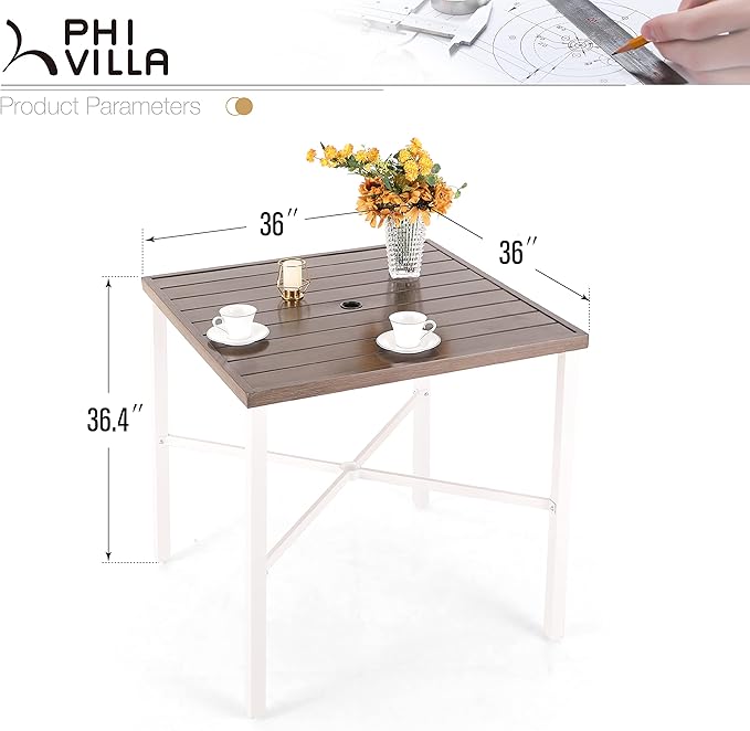 PHI VILLA Outdoor Bar Table, High Patio Table with Umbrella Hole, White Legs, Metal Frame, Sturdy & Durable for Outdoor & Indoor-Ruum Studio Home