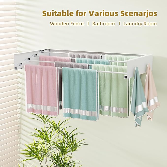 Wall Mounted Drying Rack for Laundry 23.6'', Foldable Laundry Drying Rack Clothing Wall Mount with 4 Towel Hooks and 4 Rods, Space Saving for Indoor Outdoor Bathroom Balcony (White, 23.6'')-Ruum Studio Home
