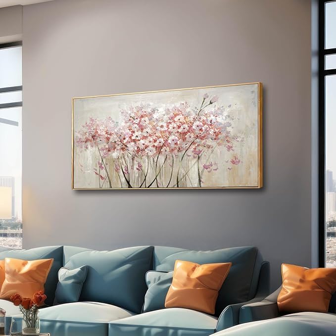 Flower Wall Art Framed Beige Canvas Paintings Colorful Wall Decor 24"x48" Art Posters Pictures for Dining Room Office Hotel-Ruum Studio Home