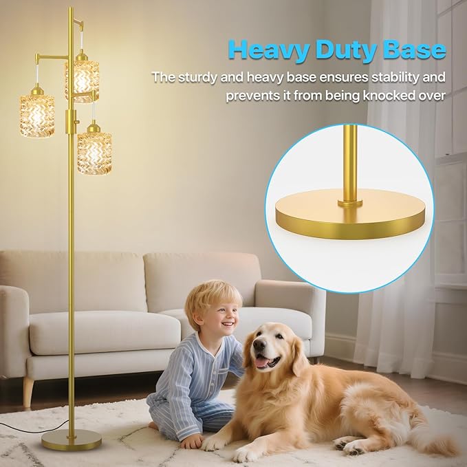 Gold Floor Lamp for Living Room Bedroom, 3-Light Vintage Standing Lamp Stained Glass, Mid Century Modern Tall Floor Lights, Amber Glass Shade with Golden Base-Ruum Studio Home