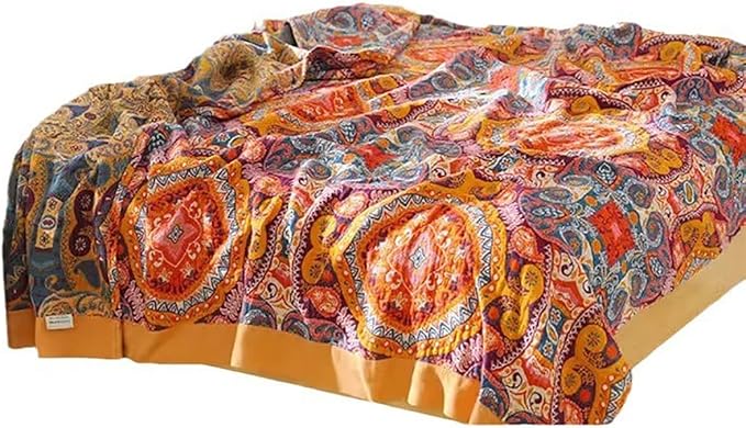Boho Muslin Blanket for Adults 4-Layer Gauze Twin Size Soft Cozy 100% Cotton Summer Cooling Blanket Floral Decor for Sofa Bed Coverlet Both Sides (A Boho Figure Orange, Twin 60 x 80 in)-Ruum Studio Home