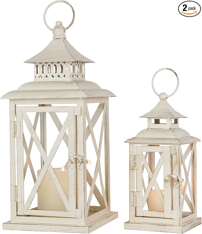 Lanterns Decorative Outdoor&Indoor, Set of 2 (14"&10") Beige Metal Lantern Decor with Glass, Candle Holder for Porch, Patio, Garden, Balcony, Wedding, Table Centerpiece-Ruum Studio Home