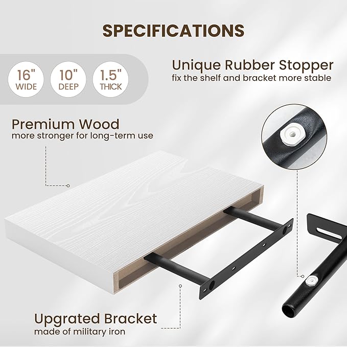 Fun Memories Wood Floating Shelves 16 Inch, 10 Inch Deep Shelves Wall Mount, Wall Shelves with Invisible Bracket, 16" Floating Shelves for Living Room Bathroom Bedroom, White, Set of 2-Ruum Studio Home
