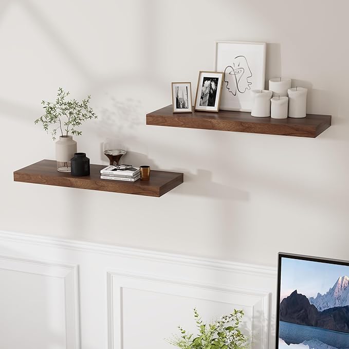 24 x 9 Floating Shelves, 9 Inch Deep Floating Shelf Wall Mounted, 24 Inch Bathroom Shelves Set of 2, Rustic Wood Wall Shelf for Bedroom, Living Room, Walnut Color-Ruum Studio Home