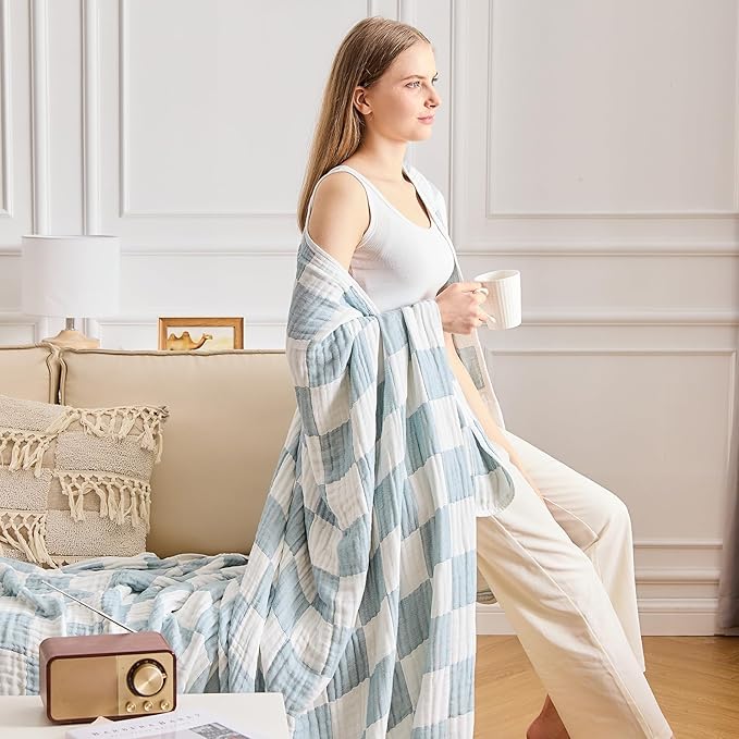 EMME Checkered Cotton Blanket Twin Large 60"x80" 100% Muslin for Couch Breathable Cooling Gauze All Season Soft and Lightweight (Teal)-Ruum Studio Home