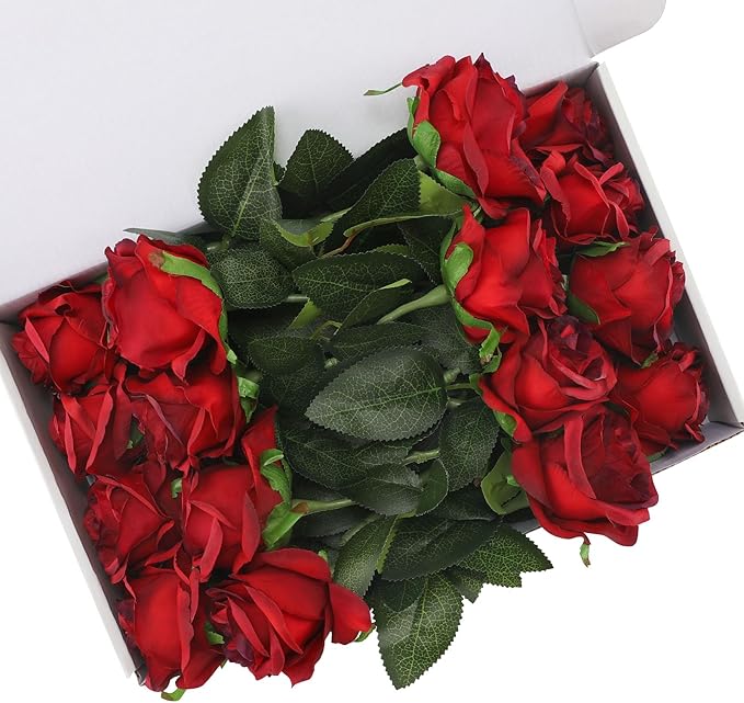 Burgundy Fake Roses Artificial Flowers - 16 Pcs Fake Artificial Roses Silk Flowers with Stems for Home Wedding Hotel Office Centerpiece Decor（Burgundy）-Ruum Studio Home