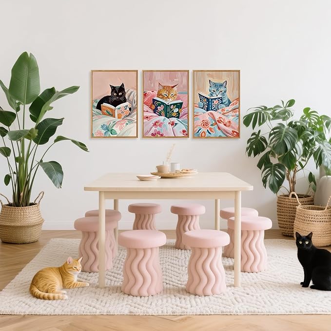 HPNIUB Framed Vintage Black Cats Canvas Wall Art, Funny Animal Reading Books Poster Printing Pictures, Pink Cute Cat Lovers Wall Decor for Girls Room Bedroom Kids Room Living Room Classroom- 24 x36 x3-Ruum Studio Home