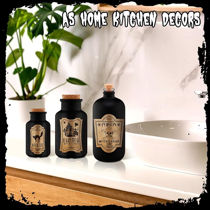 Umigy 3 Pcs Vintage Glass Potion Bottles with Cork Lid Black Halloween Tiered Tray Decoration 12 Apothecary Bottles Jars Stickers Labels Halloween Table Home Bathroom Decorations Indoor-Ruum Studio Home