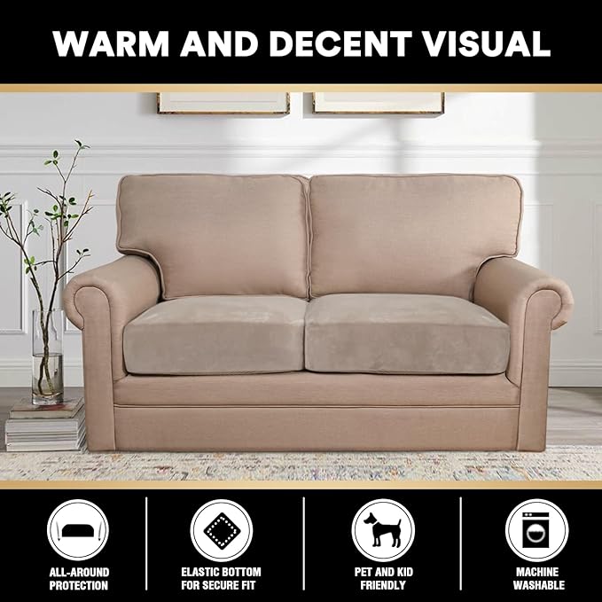 PrinceDeco Stretch Velvet Cushion Cover Sofa Cushion Slipcover for Loveseat Sofa Couch Cushion Furniture Protector Seat Cushion Sofa Cover(Each Width Up to 29.5", Oatmeal)-Ruum Studio Home