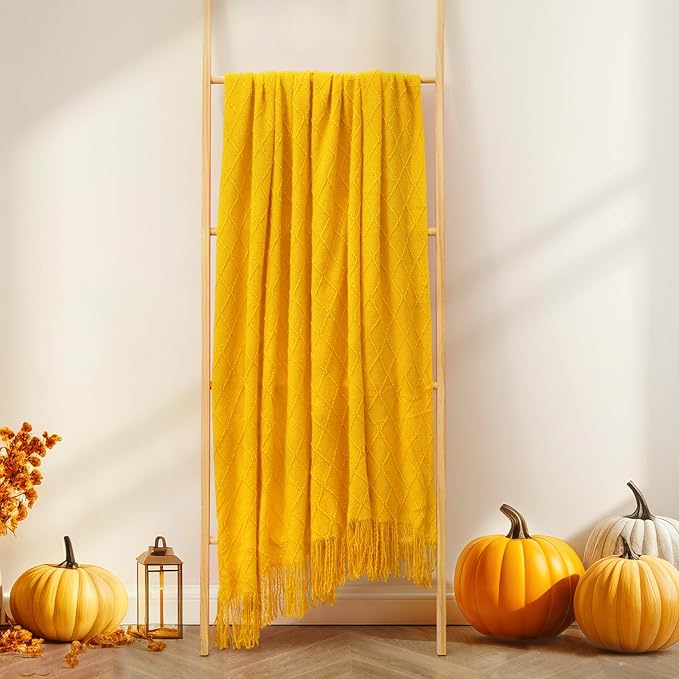 inhand Knitted Fall Throw Blanket for Couch and Bed, Knit Fall Decor Halloween Blanket with Tassel, Mustard Yellow Lightweight Decorative Farmhouse Warm Woven Blankets and Throws for Women, 60"x80"-Ruum Studio Home