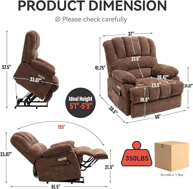 Large Power Lift Recliner Chair with Massage and Heat for Elderly, Ergonomic Backrest, Infinite Adjust, 2 Side Pockets,USB and Type-C Ports, Chenille Brown-Ruum Studio Home