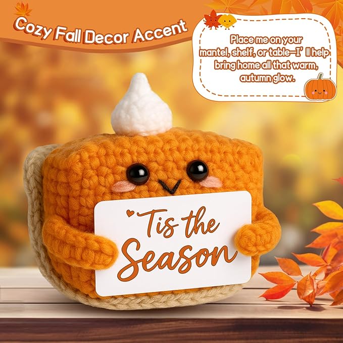 Tis The Season Fall Decor | Mini Crochet Pumpkin Pie Plush | Small Handmade Autumn Halloween Thanksgiving Items for Home Office Indoor Table Decoration Christmas Stocking Stuffer Ornament-Ruum Studio Home