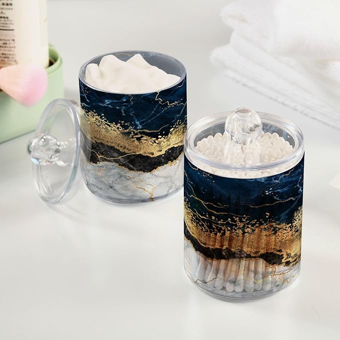 2 Pack Qtip Holder Dispenser Navy Blue Marble Bathroom Storage Canister Lid Acrylic Plastic Apothecary Jar Set Vanity Makeup Organizer for Cotton Swabs/Pads/Floss-Ruum Studio Home