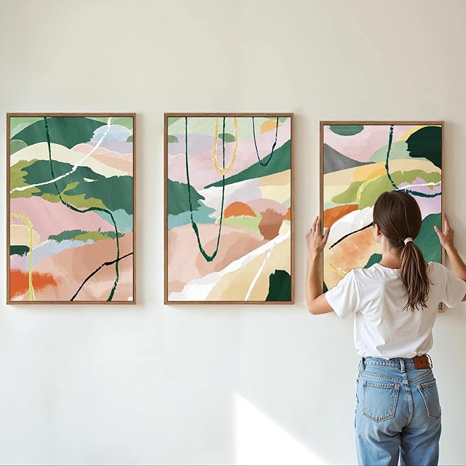 Tinonedraw Colorful Abstract Framed Canvas Wall Art Set, 3 Panel Green Pink Girly Oils Inks Artwork, Three Pieces Neutral Modern Minimalist Wall Decor for Living Room Bedroom Office 24"x36"x3-Ruum Studio Home