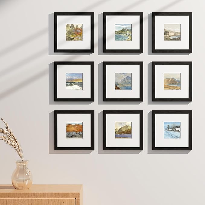 Vittanly 8x8 Picture Frames Set of 9, Shatter Resistant Plexiglass, Display 4x4 Pictures with Mat or 8x8 without Mat, Photo Frames for Wall Mount, Engineered Wood, Black-Ruum Studio Home