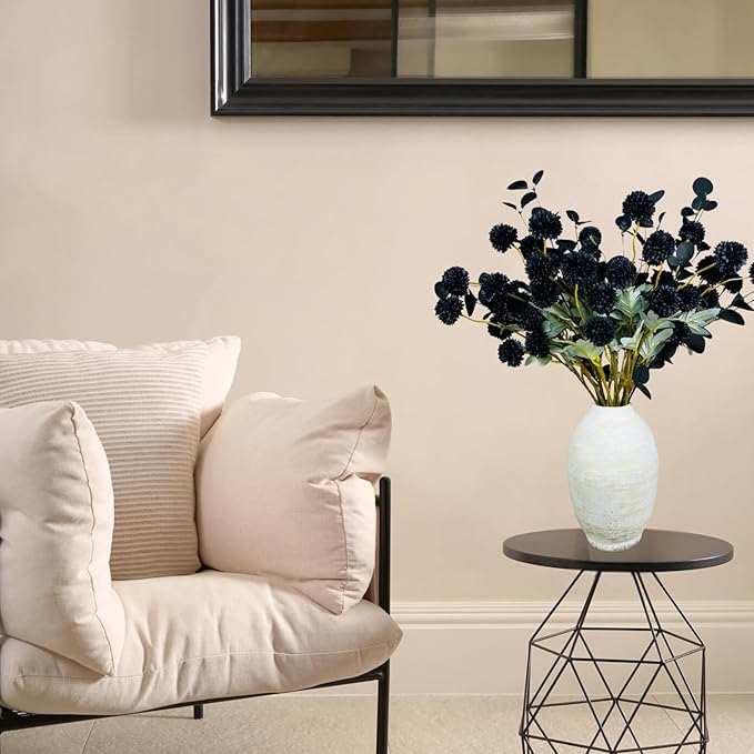 RyddeligHome Black Artificial Flowers for Centerpieces Bulk 10 Long Stems /50 Small Faux Silk Mum Balls + Black Eucalyptus Stems 2 Branches, Fall Boho Halloween Home Decor Indoor, Gothic Flowers-Ruum Studio Home