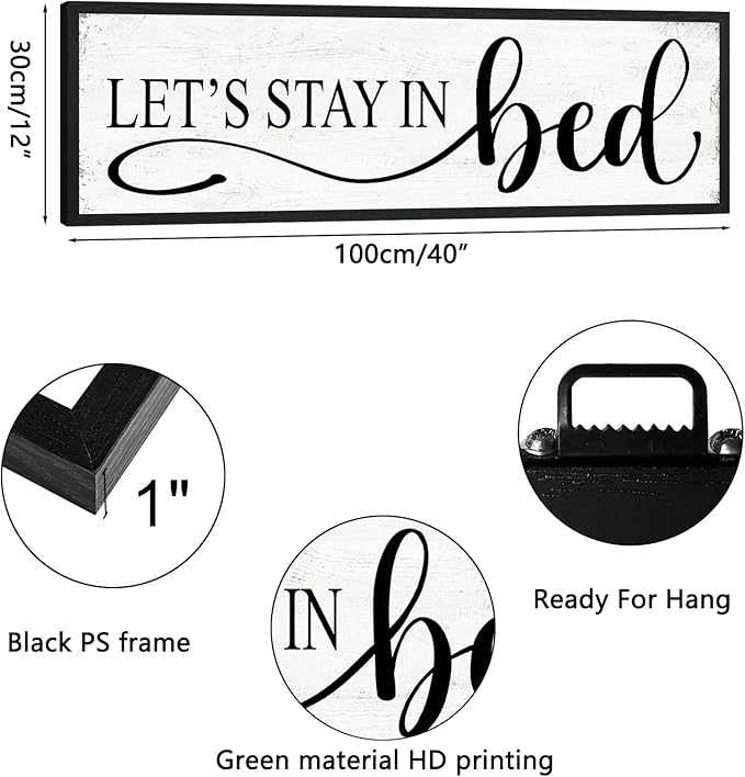 Let's Stay in Bed Wall Decor: Family Bedroom Signs Wall Decor Above Bed Framed Modern Farmhouse Rustic Wall Signs Hanging Plaques Master Bedroom Aesthetic Minimalist Wall Art 12" x 40"-Ruum Studio Home