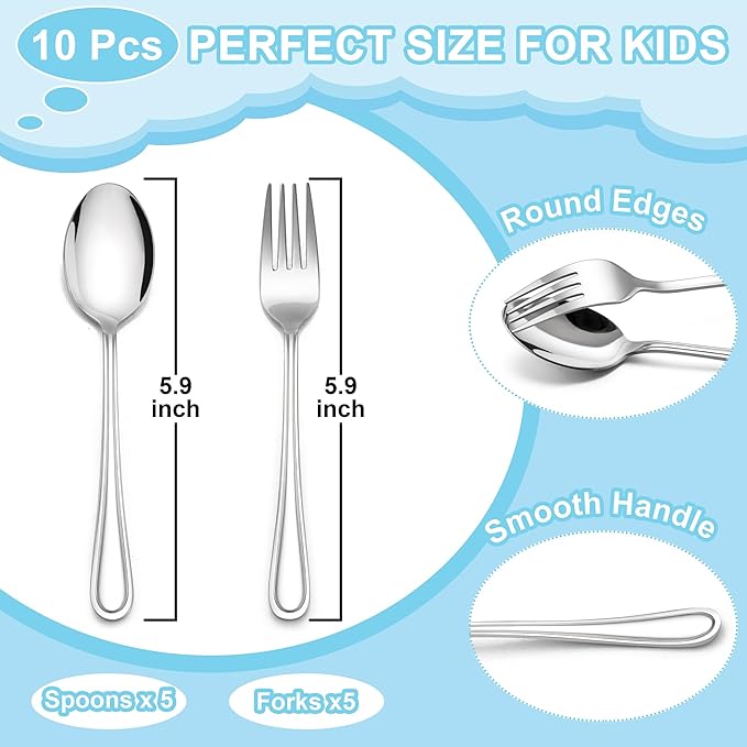 E-far 10-Piece Toddler Utensils, Kid Stainless Steel Silverware Set, Children Safe Forks and Spoons Set for Self Feeding, Healthy & Non-Toxic, Mirror Polished & Easy to Clean-Ruum Studio Home