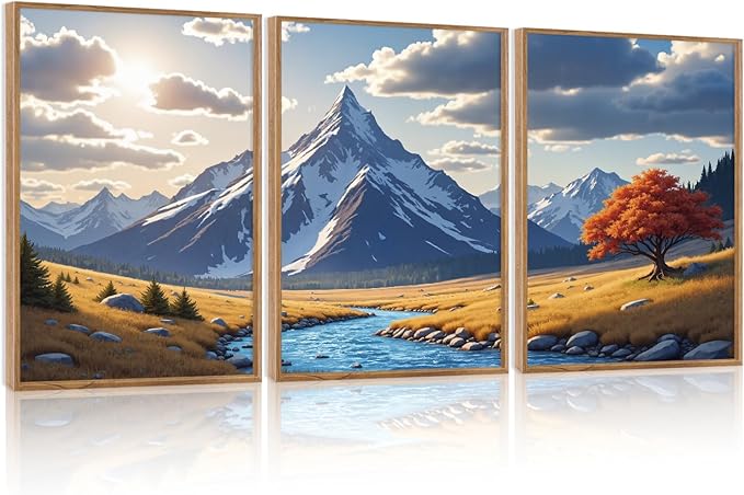 HPNIUB Landscape Mountain Wall Art Set, Rustic River Sunrise Pine Tree Forest Nature Scenry Wilderness Art Print, Farmhouse Grassland Modern Sky Decorative for Living Room, Bedroom, Office-16 x24 x3-Ruum Studio Home