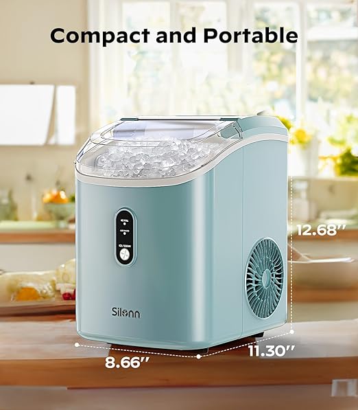 Nugget Ice Maker Countertop, Silonn Chewable Pellet Ice Machine with Self Cleaning Function, Pebble Portable Ice Maker with Ice Scoop for Home Kitchen Office, Green-Ruum Studio Home